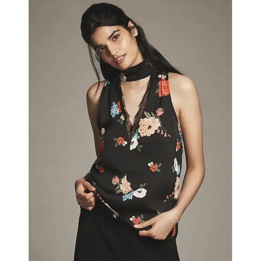 Anthropologie Black Floral Lace Trim Halter Neck Tie Back Blouse Top XS NEW